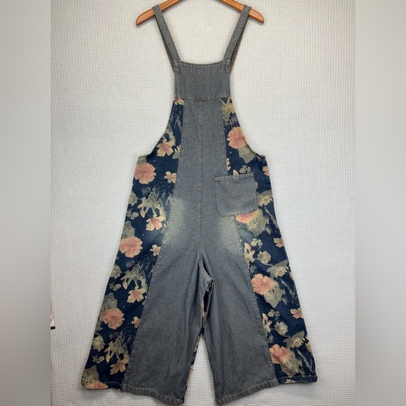 COWOKA Boho Floral Denim Bib Overalls Loose Wide Leg Jumpsuit Suspenders Small - Picture 6 of 13